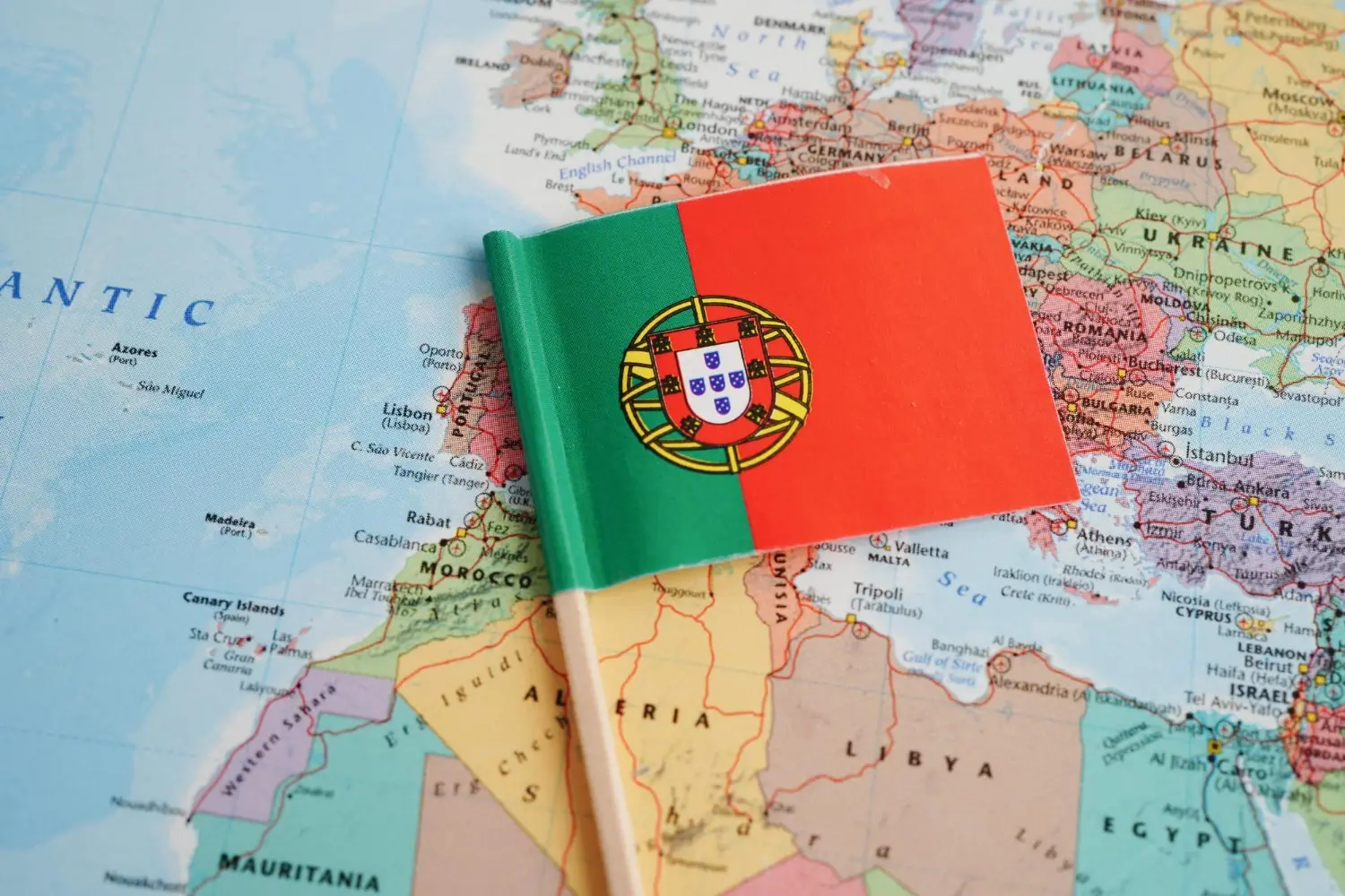 Portugal's flag on the Europe map